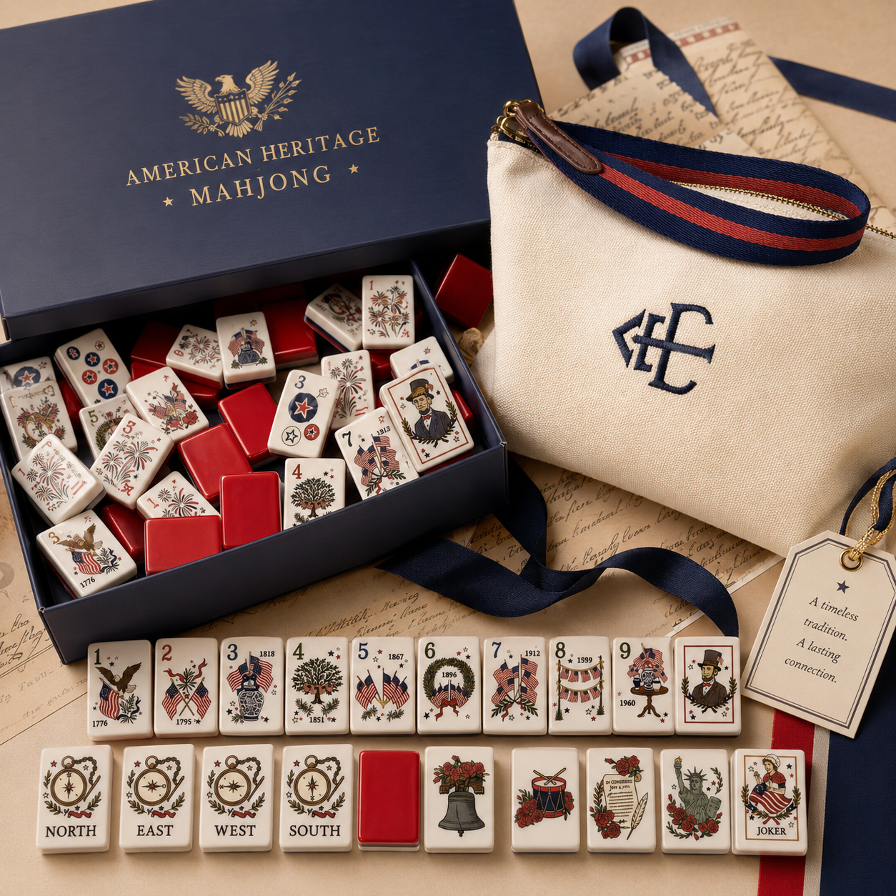 Complete patriotic American Mahjong set with racks, mat, and storage bag