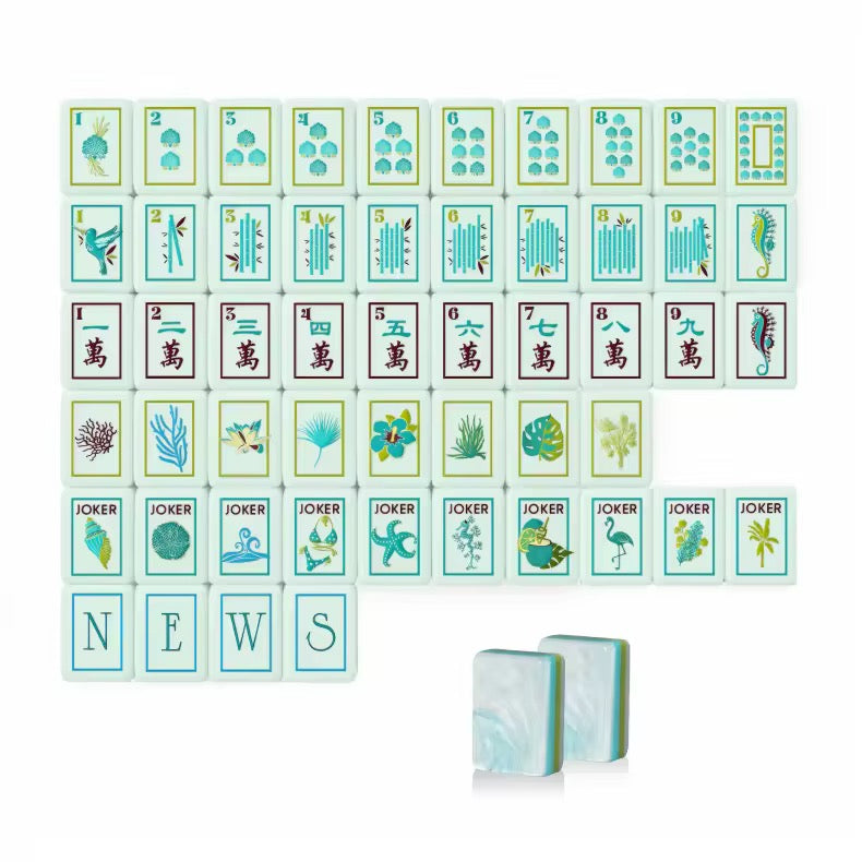 Luxury beach-inspired mahjong tiles with glossy finish and tropical illustrations