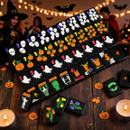 Complete black Halloween mahjong tile set arranged on a wooden table at a festive Halloween party.