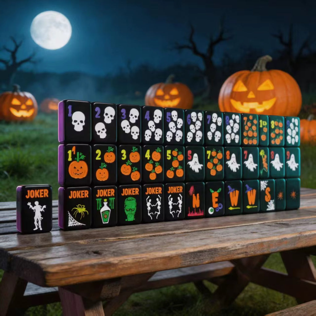Black Halloween mahjong set displayed outdoors with pumpkins, a full moon and a spooky nighttime background.