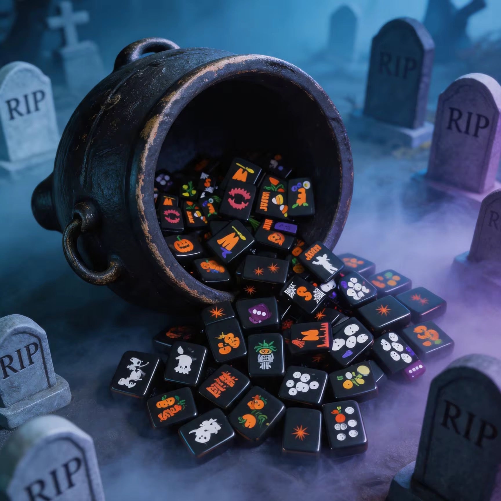 Halloween mahjong tiles spilling from a black witch cauldron in a foggy graveyard with tombstones.
