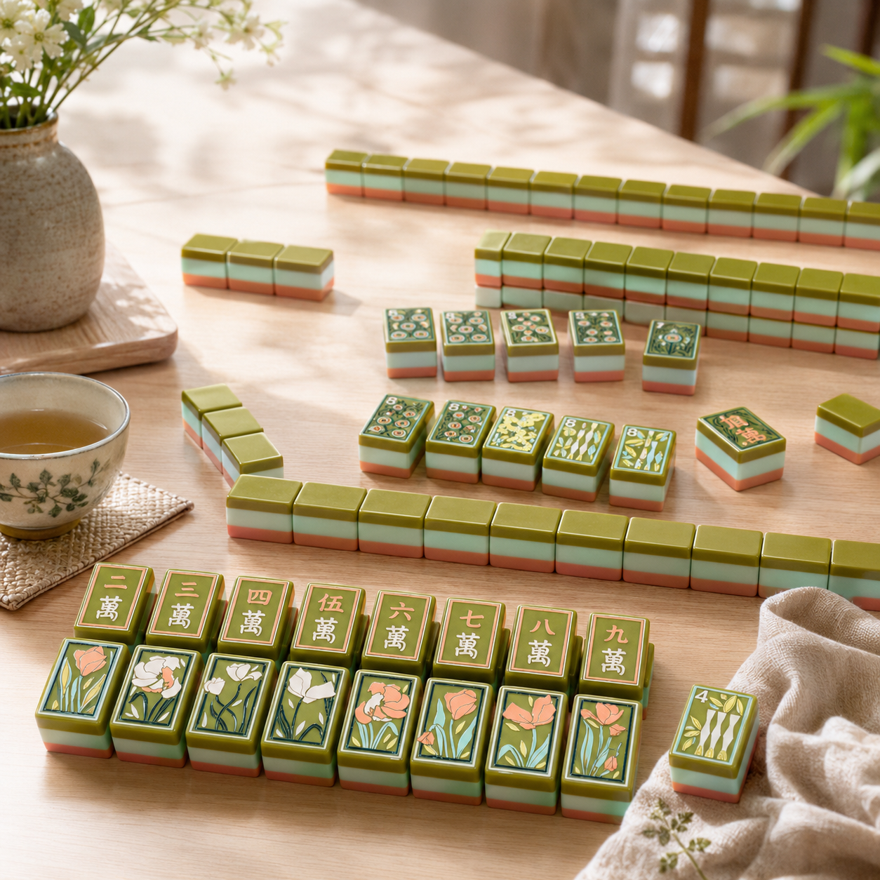 Olive green acrylic Mahjong tiles with layered coral and ivory edges