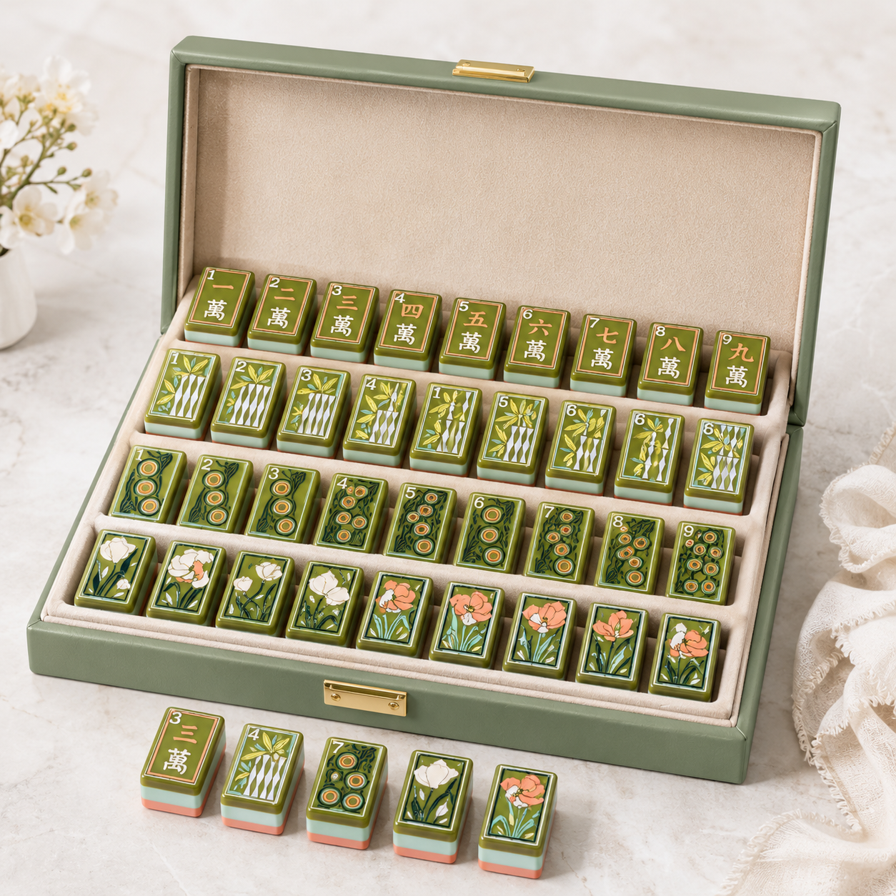 Vintage garden-inspired American Mahjong set displayed with matching tiles