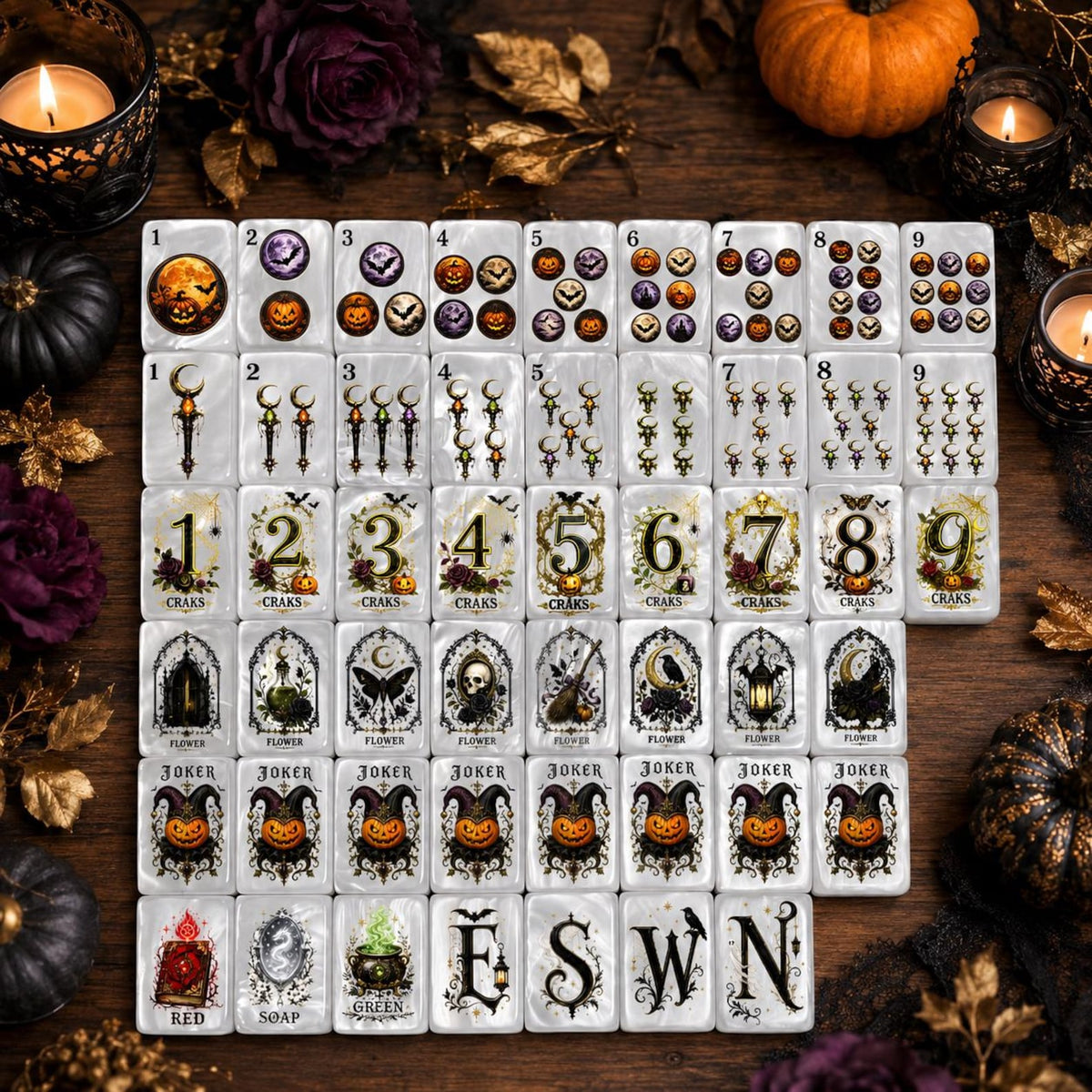 Full Halloween American mahjong tile set with gothic pumpkins, roses, potions and spooky illustrations