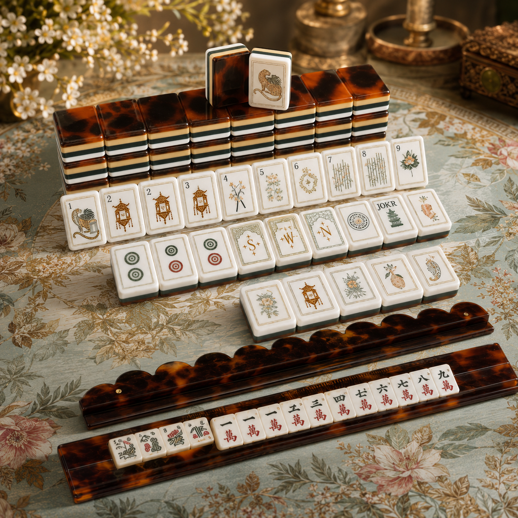 Leopard Lotus American Mahjong Kit (Tiles + Rack + Mat + Bag)