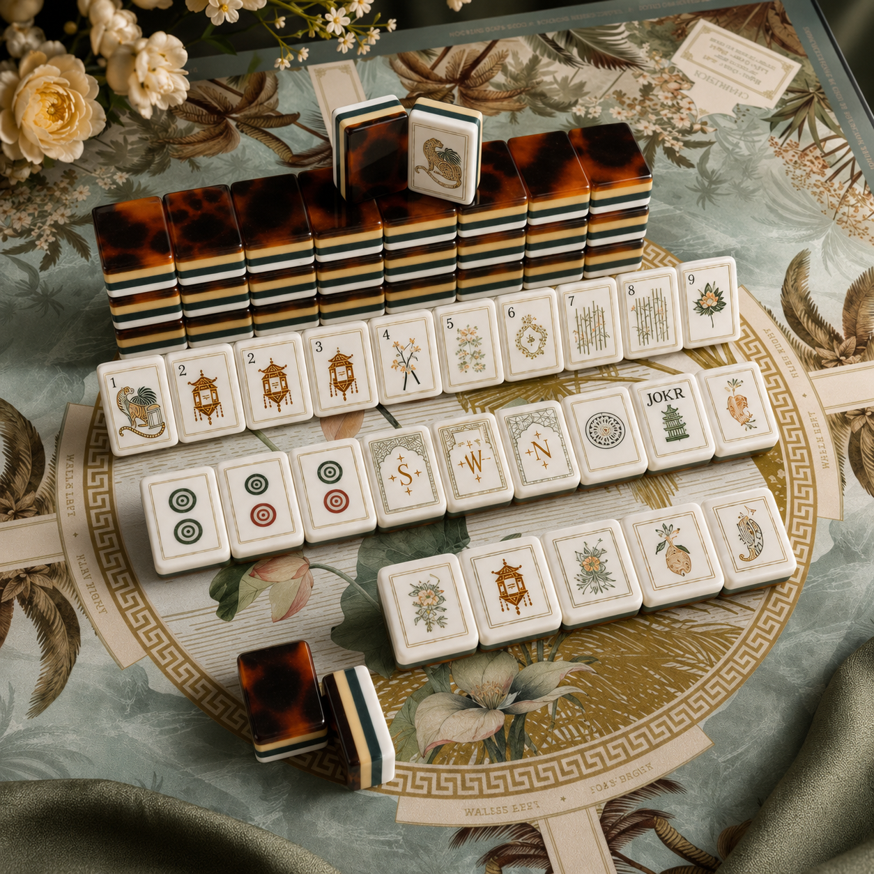Leopard Lotus American Mahjong Kit (Tiles + Rack + Mat + Bag)